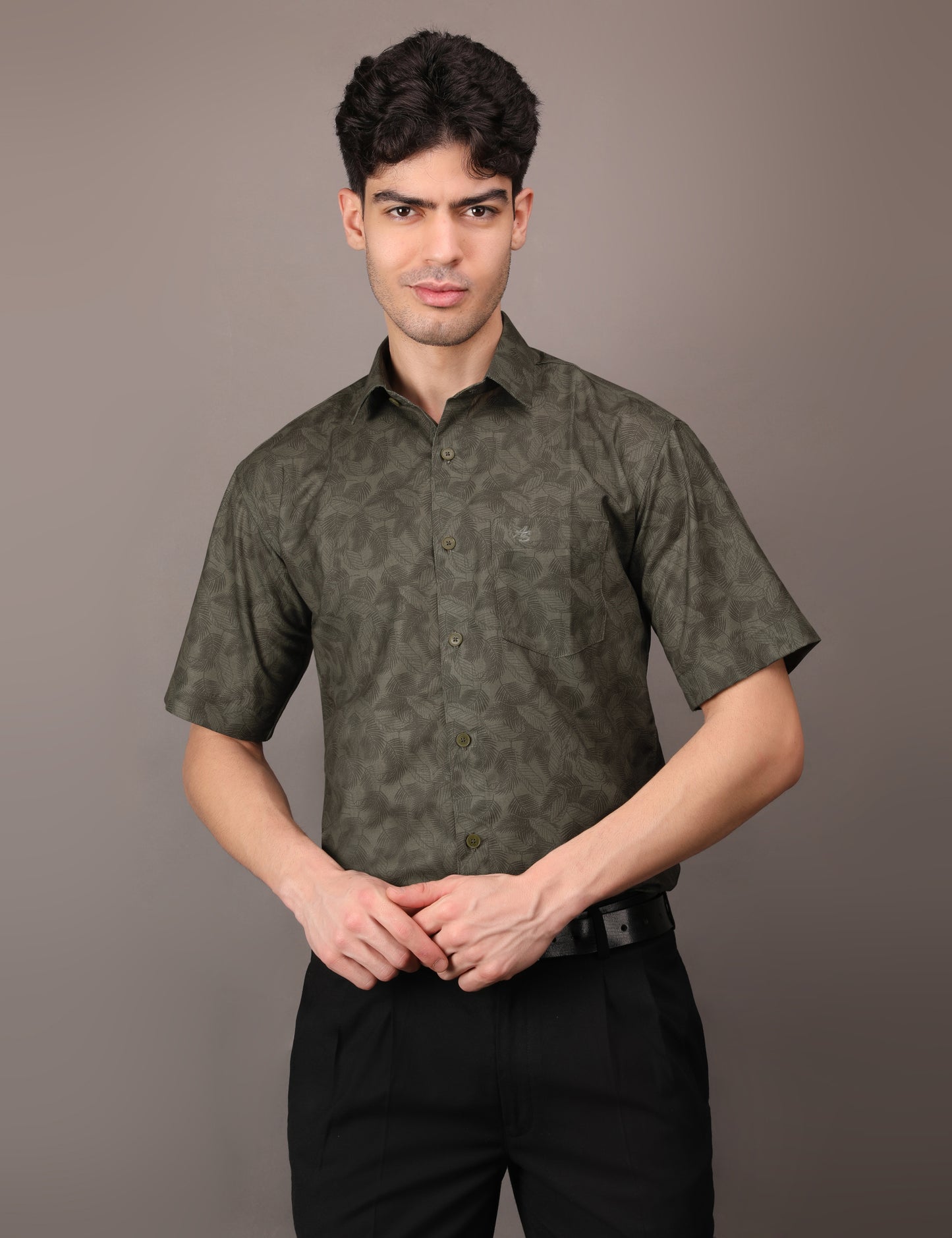 Olive Green Leaf pattern shirt