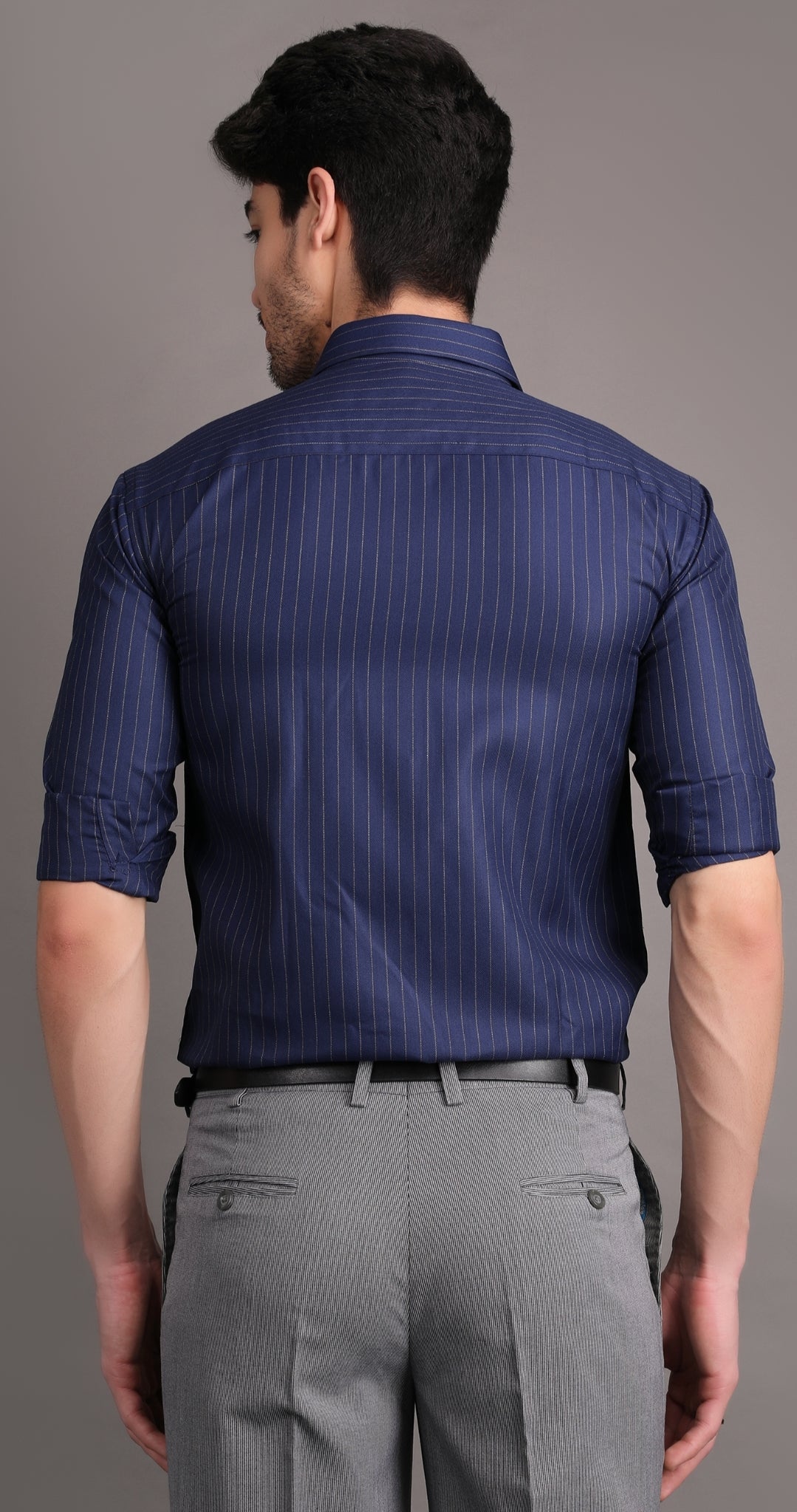 navy blue striped shirt