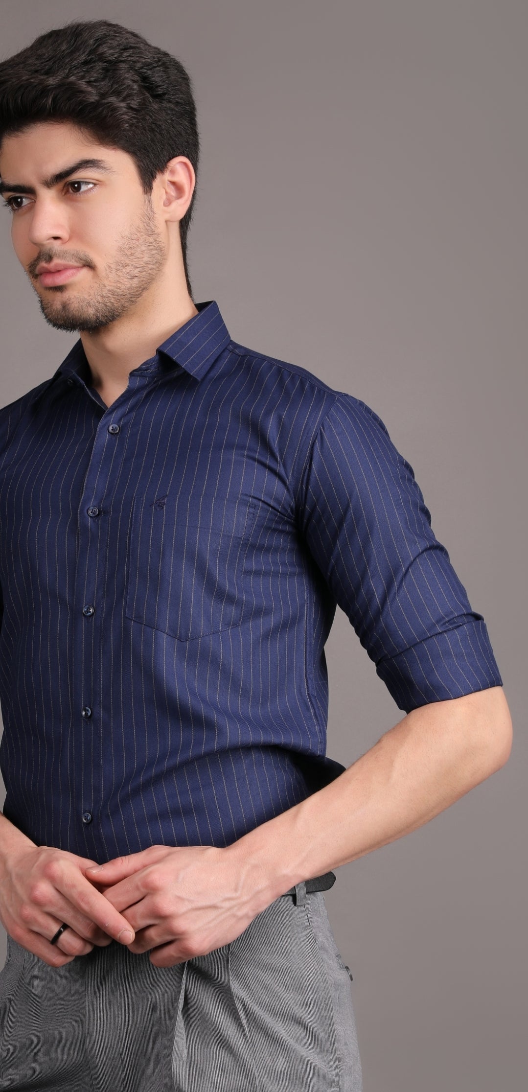 navy blue striped shirt