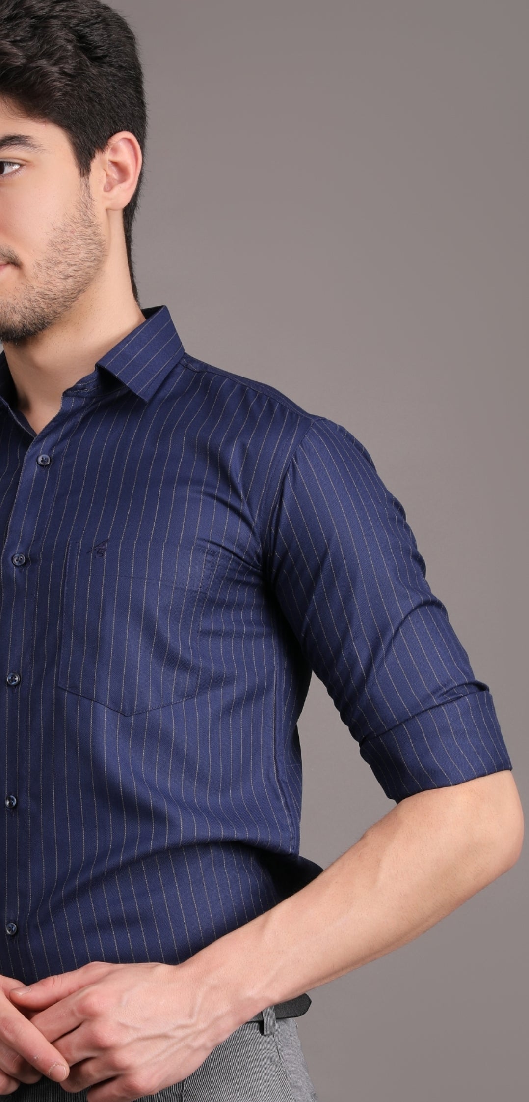 navy blue striped shirt