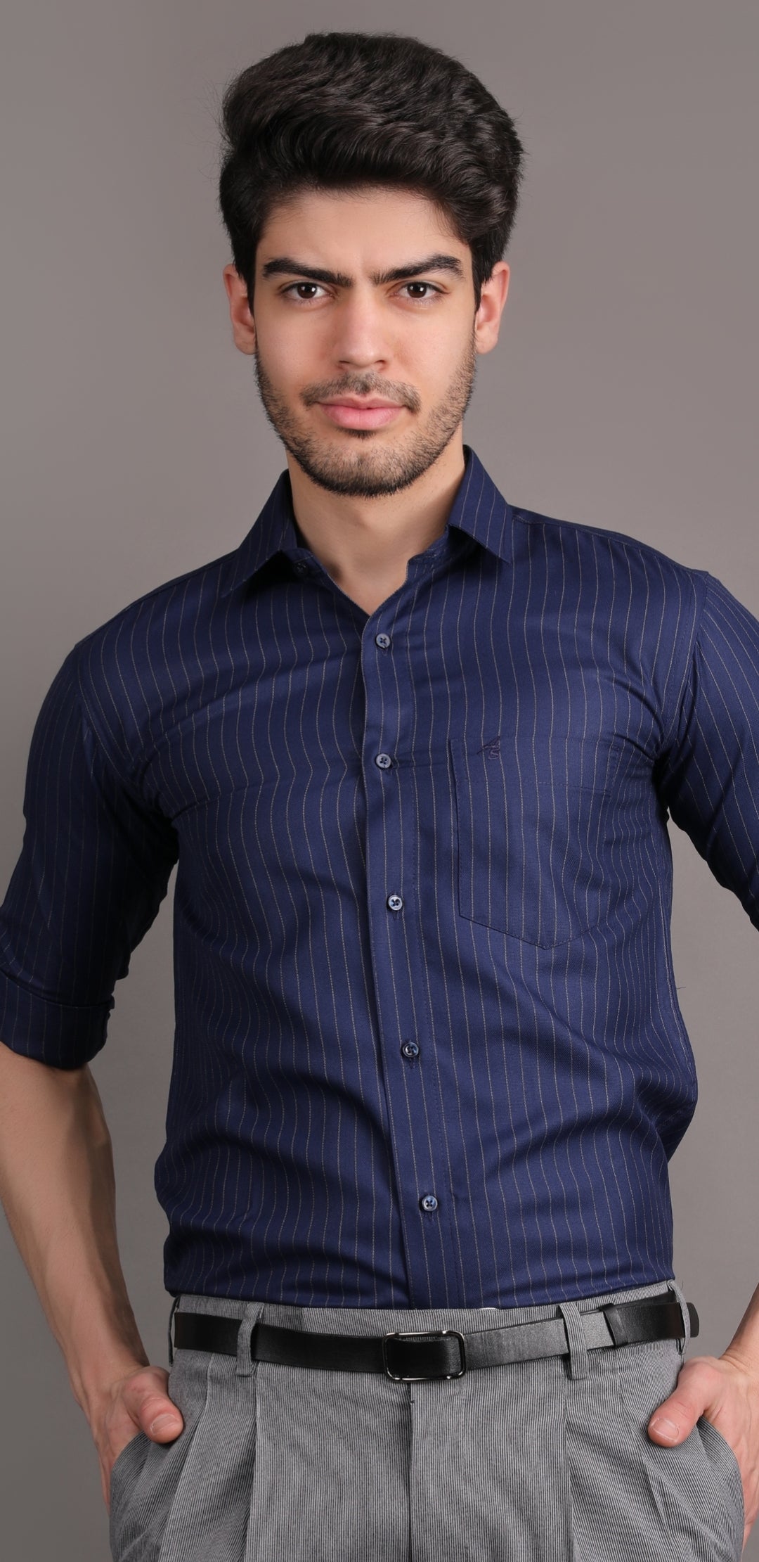 navy blue striped shirt