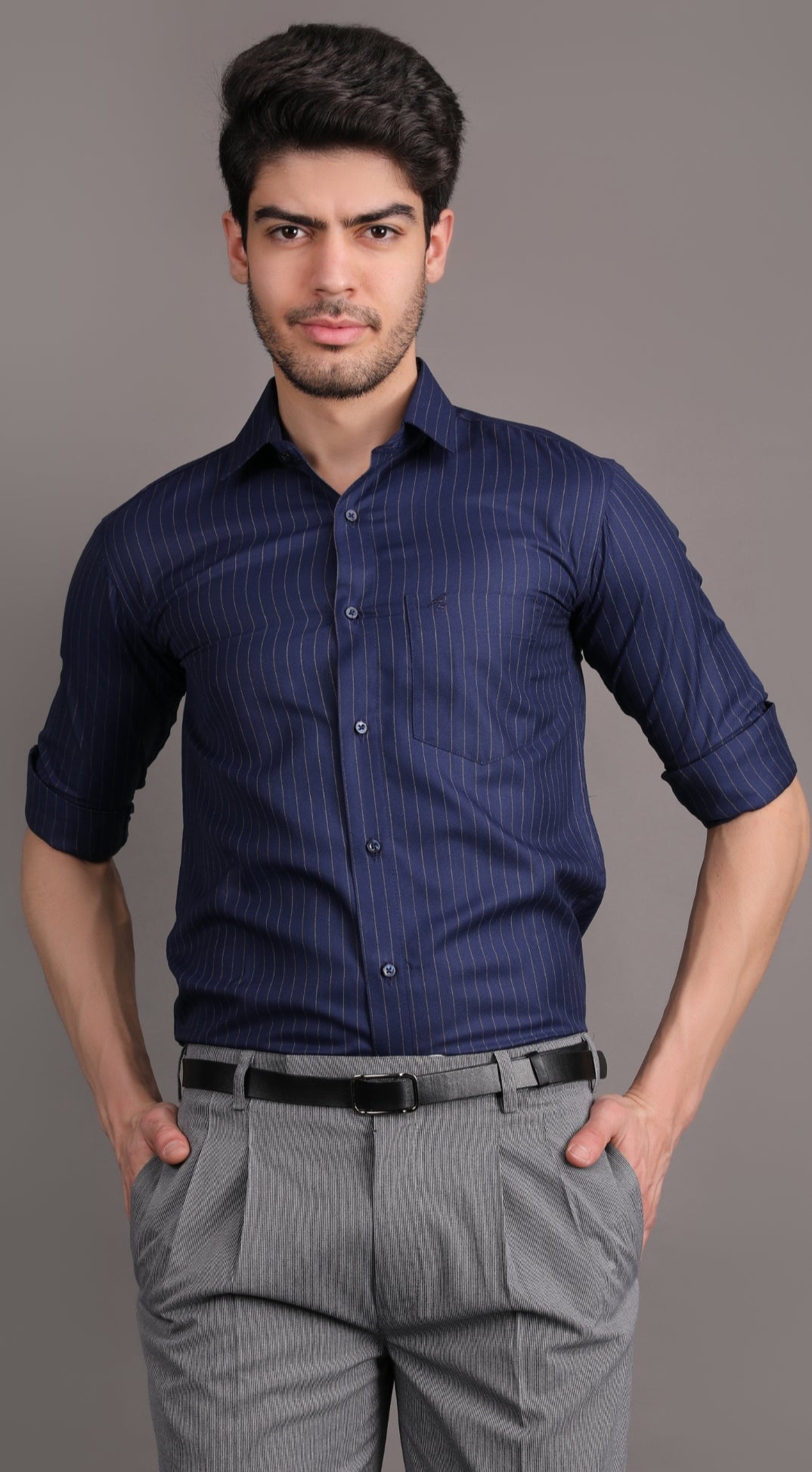 navy blue striped shirt