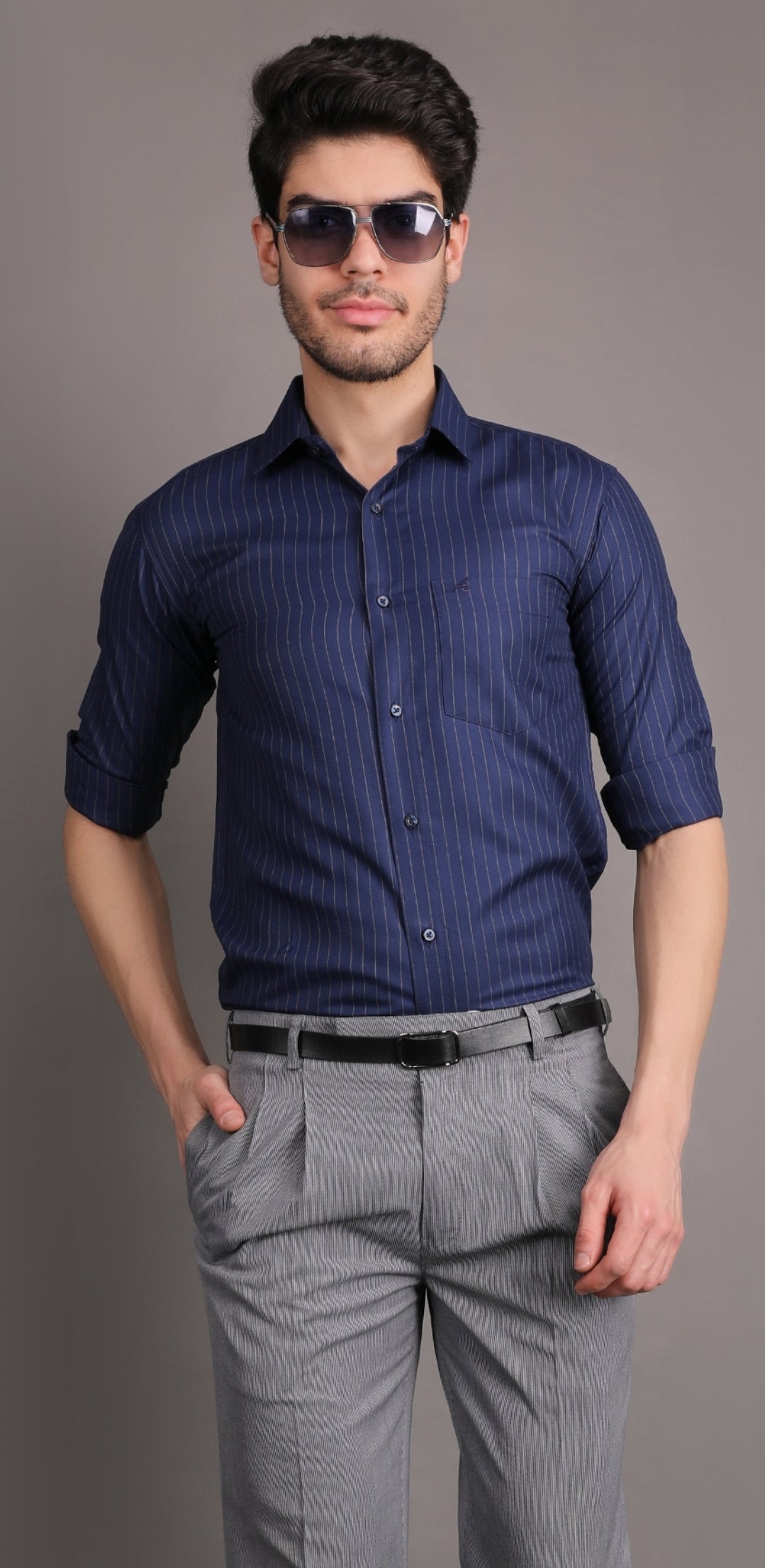 navy blue striped shirt