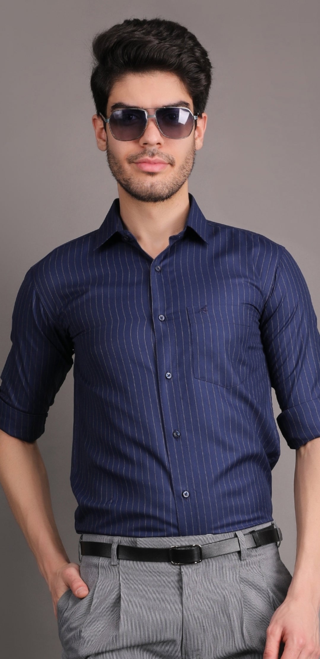 navy blue striped shirt