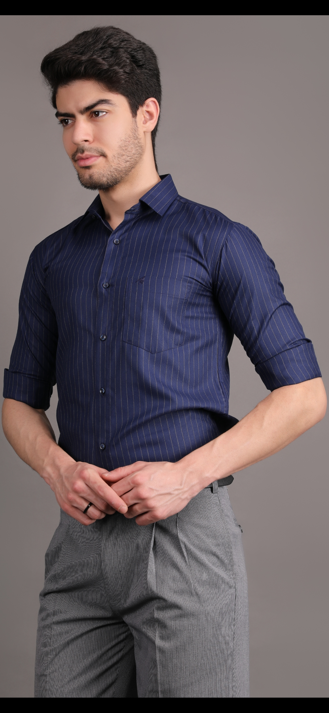 navy blue striped shirt