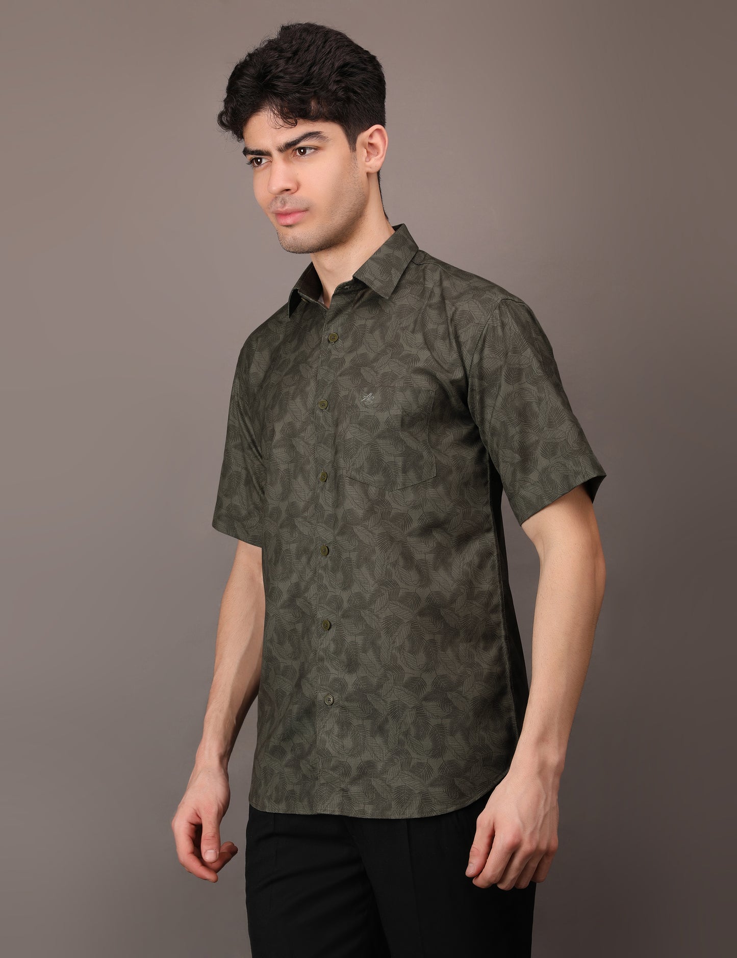 Olive Green Leaf pattern shirt